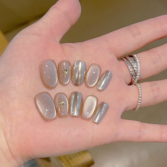 Cat Eye Press On Nails with Crystal Designs