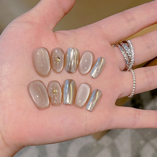 Cat Eye Press On Nails with Crystal Designs